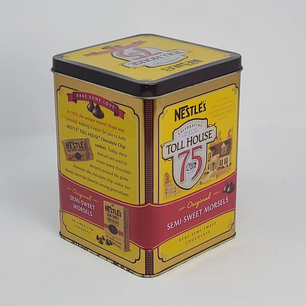 2014 Nestle Toll House Tin 75th Anniversary Canister Yellow Red 6.25 inches Good